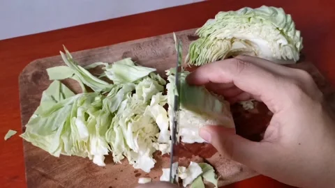 Chopping Cabbage into Thin Strips Stock Footage 158076309
