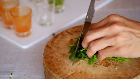 Chopping CORIANDER Stock Footage 73422809