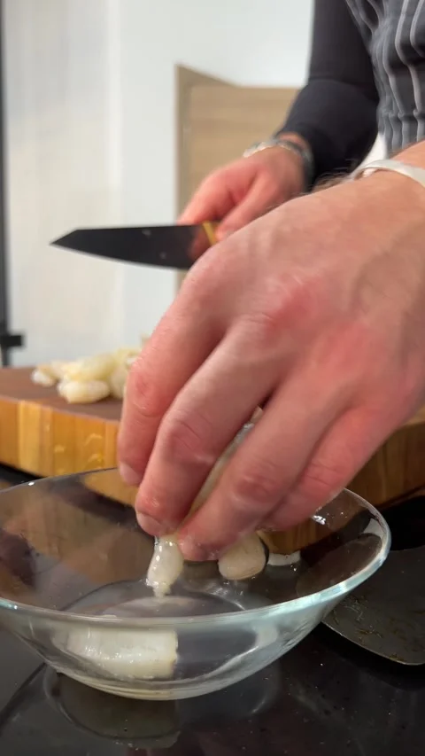 Chopping Fresh Shrimp Close-up Stock Footage 339075726