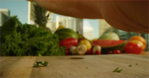 Chopping greenery, sliding over cooking table 스톡 동영상 126302380