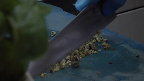 Chopping pistachios with a professional knife Stock Footage 87761141