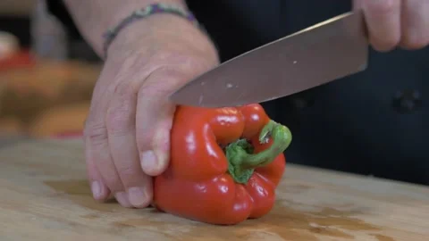Chopping A Red Bell Pepper For A Home Cooking Show Stock Footage 159182633
