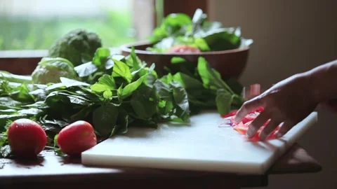 Chopping Red Chilies and Preparing Fresh Green Vegetables Video stock 339430698