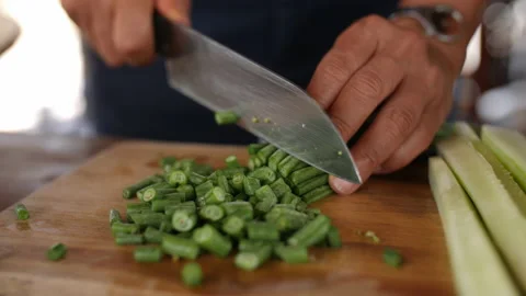 Chopping String Beans on Wooden Cutting Board, 4K Stock Footage 148192430