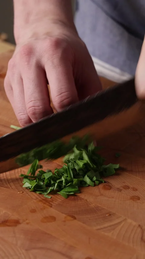 Chopping Tarragon With Knife Front View Видео 335867394