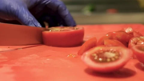 Chopping Tomatoes on Table Stock-Footage 203059013