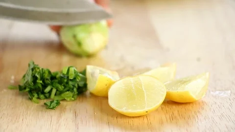 Chopping vegetable on board Stock Footage 83435455