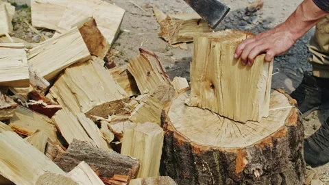 Chopping wood with an axe on a tree stump, surrounded by split logs. Firewood Stock Footage 276705602