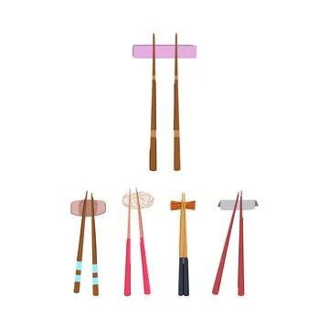 Chopstick styles resting on various holders with noodles Stock Illustration
