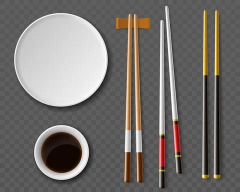 Chopsticks plates. Realistic table setting top view, Traditional japanese or Stock Illustration