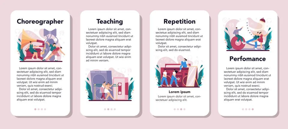 Choreographer mobile application banner set. Dance teacher in studio Stock Illustration
