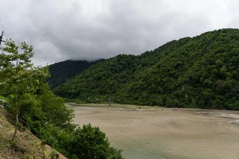 Chorukh River between mountains, cloudy, Georgia Stock Photos