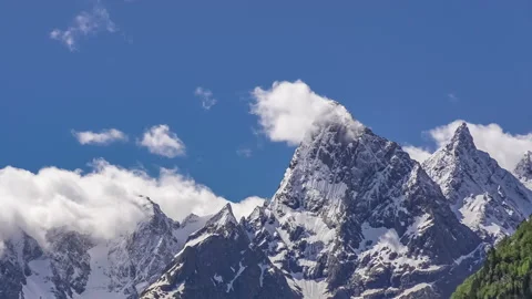 Chotcha Mountain Peak Covered with Snow in Teberda Nature Reserve on Clear Sunny Stock Footage 155309650