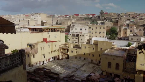 The Chouara Tannery leather processing center in the city of Fez, Morocco. Stock Footage 346223981