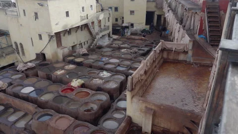 The Chouara Tannery leather processing center in the city of Fez, Morocco. Stock Footage 346224121