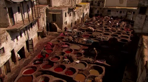 Chouara Tannery Workers Stock Footage 55027134