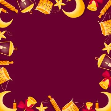 Chrismas frame from golden elements, moon, lamp, drum, candy Stock Illustration