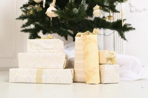 Chrismas presents under a tree Stock Photos
