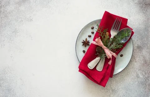 Chrismas table place setting. Tableware with evergreen twigs, cone and spice Stock Photos