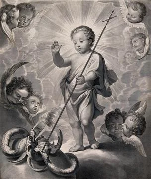 The Christ Child triumphing over the devil. Engraving by G. Edelinck after .. Stock Illustration