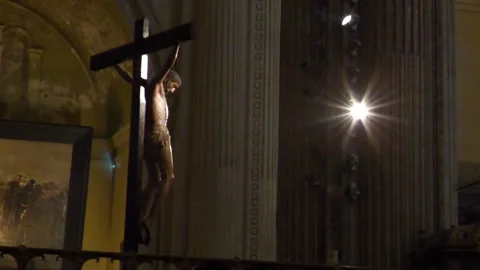 Christ on the Cross Inside Historic Cathedral in Malaga Spain Stock Footage 335942519