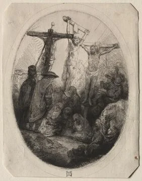 Christ Crucfied Between Two Thieves: An Oval Plate, c. 1641. Rembrandt van .. Stock Illustration