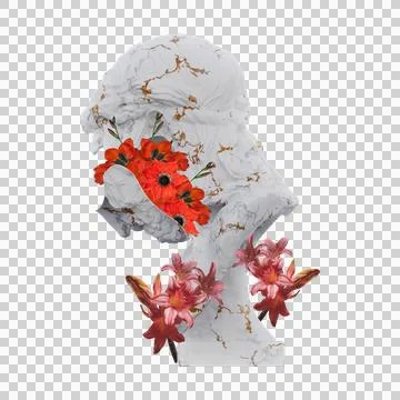 Christ on the Crucifix statues 3d render, collage with flower petals compos.. Illustrazione stock