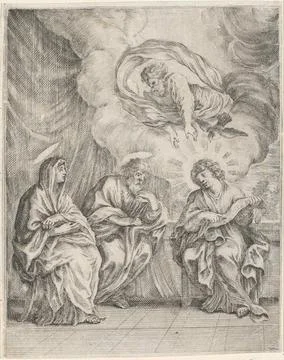 Christ explains the Scripture to Maria and Joseph. Christ points to a Schr... Stock Photos