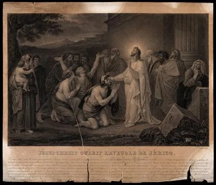 Christ heals blind Bartimeus in the evening. Stipple engraving by Lecomte a.. Stock Illustration