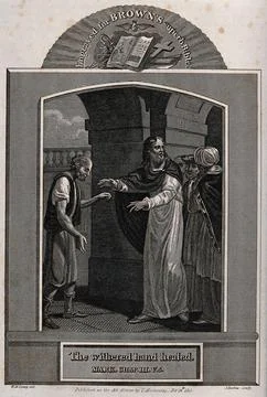 Christ heals the man with the withered hand. Etching by J. Barlow, 1813, af.. Stock Illustration
