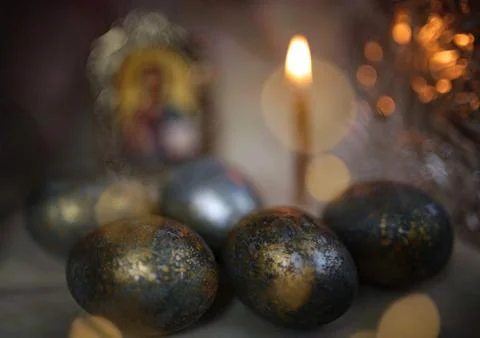 Christ Icon, blured easter eggs and candle in a Christian Orthodox church Stock Illustration