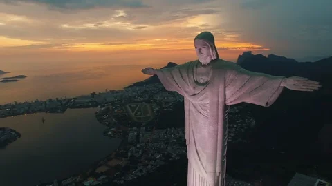 Christ the Redeemer Aerial view Sunrise Rio de Janeiro Brazil Stock Footage