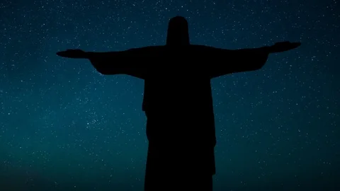 Christ the Redeemer of Rio de Janeiro, Brazil, night time lapse of the stars Stock Footage