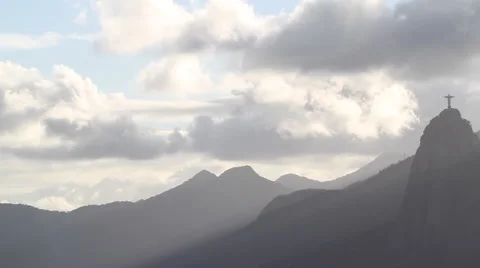Christ the redeemer statue among clouds and mountains Stock Footage 50971542