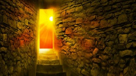 Christ is risen. Exit from the cave, stairs up, bright sun with rays. Illustrazione stock
