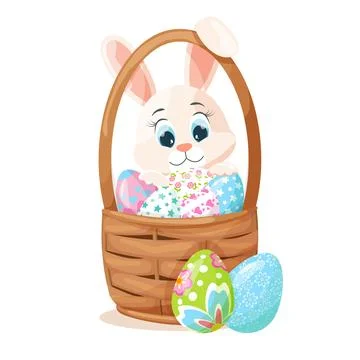 Christ is risen. Little cute rabbit. Basket, rabbit, eggs. Colored flat vec.. Stock Illustration