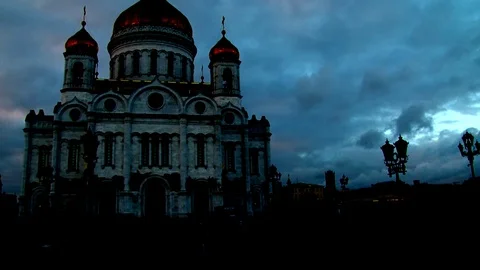 Christ the Savior Cathedral in Moscow, cloudy windy cold night Stock Footage 72284696