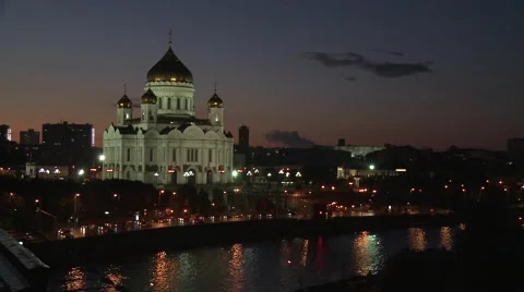 Christ the Saviour Cathedral view over Moskva river at night Stock Footage 52791786