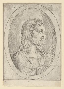 Christ seen in profile facing right, making the sign of blessing with his r.. Stock Photos