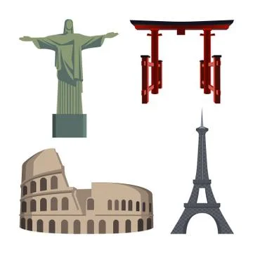 Christ Statue, Coliseum, Eiffel Tower, Portal or Tori gate Stock Illustration