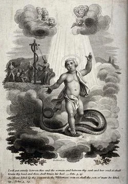 Christ trampling the head of the serpent; Moses lifting up the serpent on a.. Stock Illustration