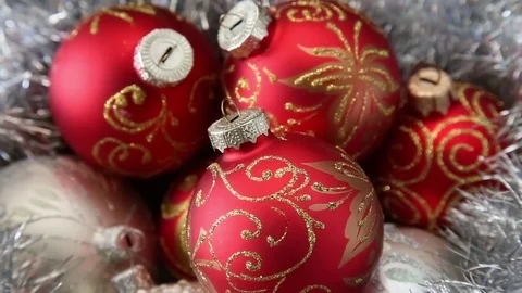 Christass decorations white and red balls on rotating table close-up. Video stock 75298093
