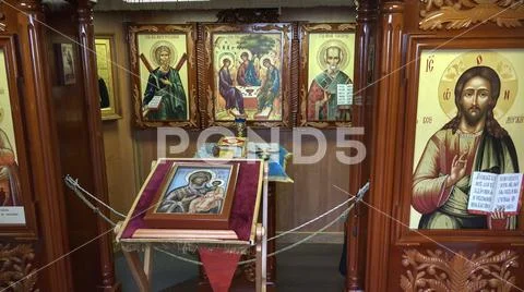 Christian art paintings onboard chapel indoors russian tall ship STS Sedov Stock Photos