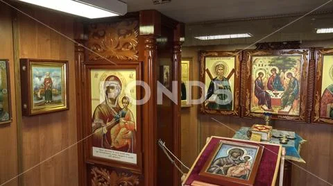 Christian art paintings onboard chapel indoors russian tall ship STS Sedov Stock Photos