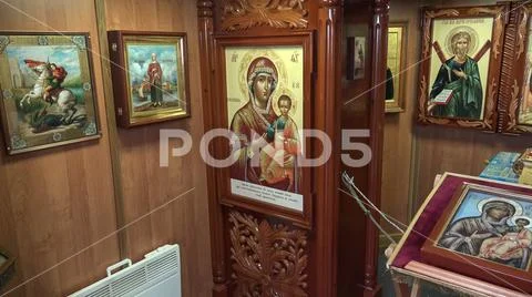Christian art paintings onboard chapel indoors russian tall ship STS Sedov Stock Photos