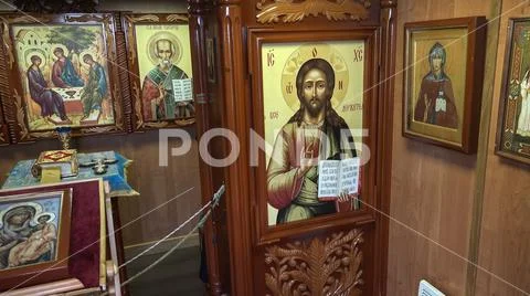 Christian art paintings onboard chapel indoors russian tall ship STS Sedov Stock Photos