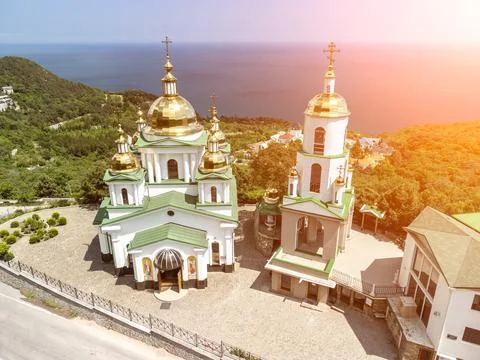 Christian church in the mountains above the sea. Temple of the Holy Archangel Stock Photos