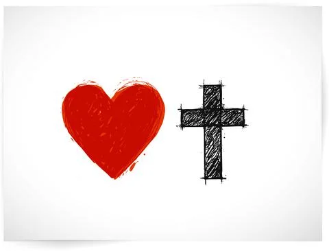 Christian cross and red heart on white background. Stock Illustration