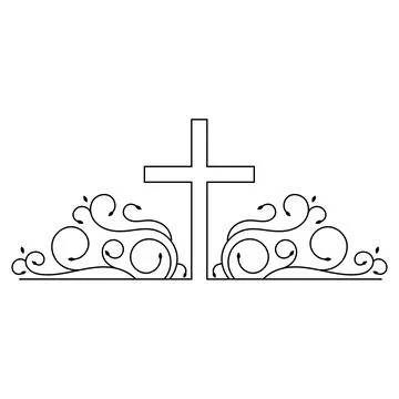 Christian cross with pattern curl branches leaves Stock Illustration