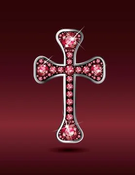 Christian cross in silver with ruby stones Stock Illustration